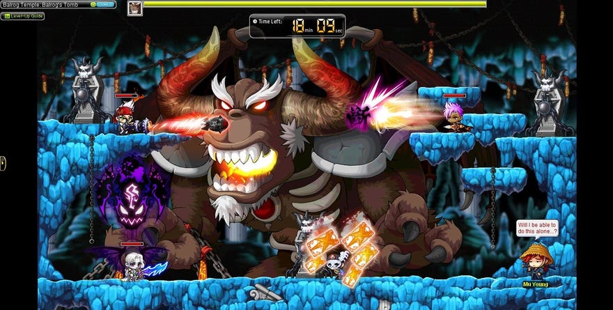 A screenshot from free-to-play MMO MapleStory showing a group of players battling a huge horned boss monster