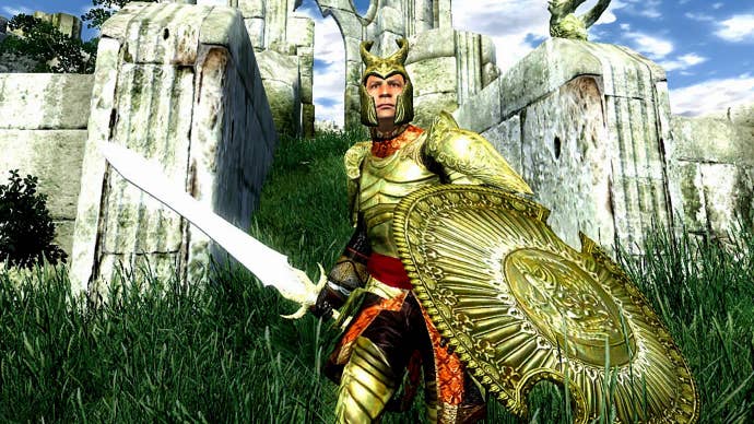 A guy with a sword and shield near stone ruins in The Elder Scrolls 4: Oblivion