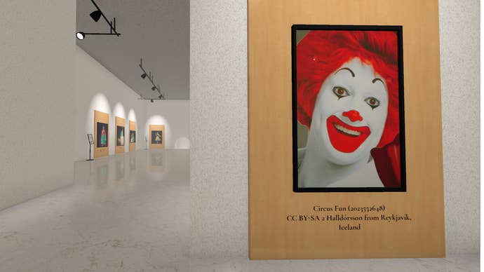 A white-walled procedurally generated exhibition space from The Museum Of All Things, with a picture of a clown in the foreground on the right and a gallery visible down the corridor on the left