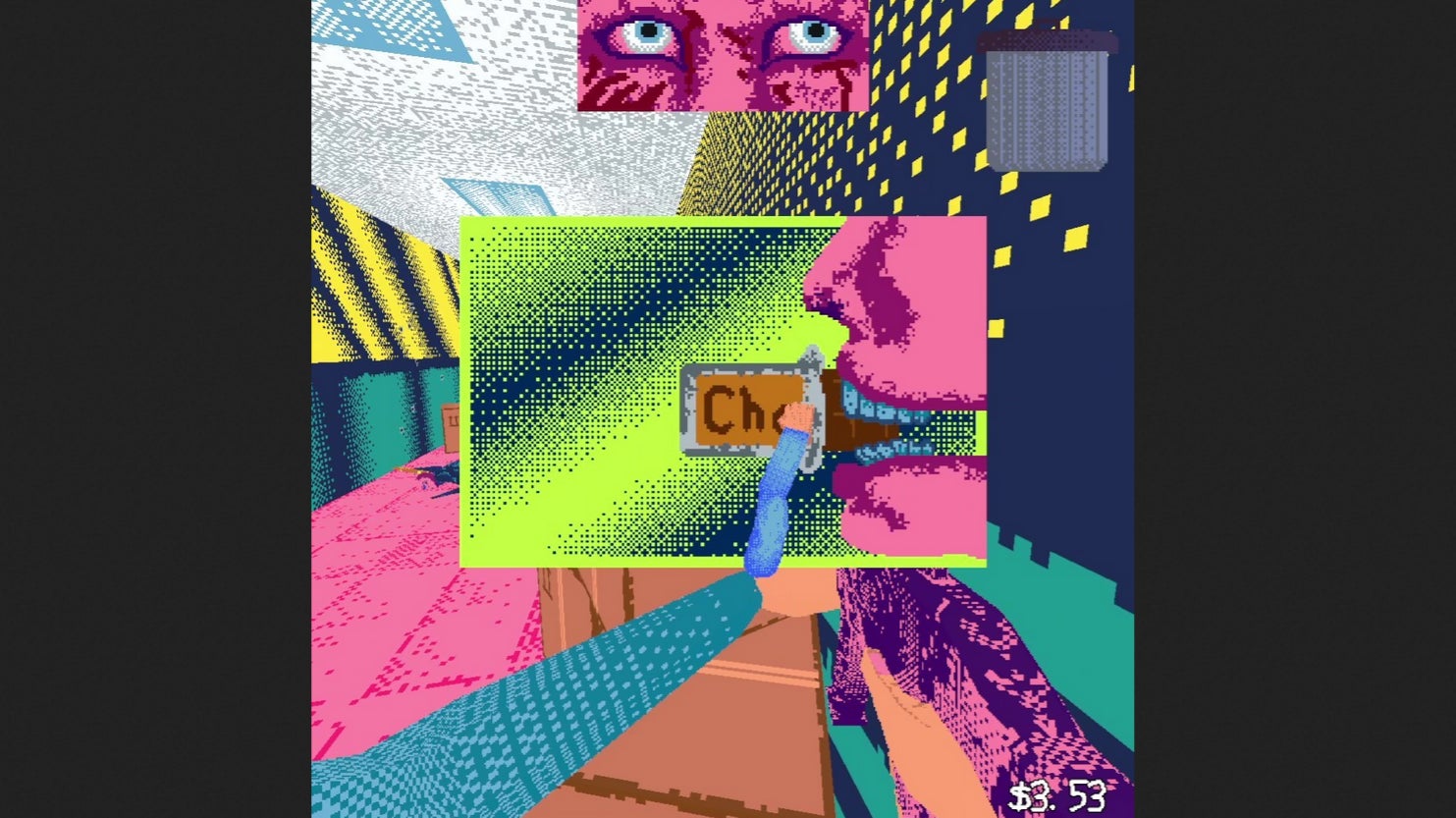 A screenshot of a bright and pixelly FPS with portrait-view graphics, showing a minigame element of somebody stuffing a chocolate bar into their mouth. - 1