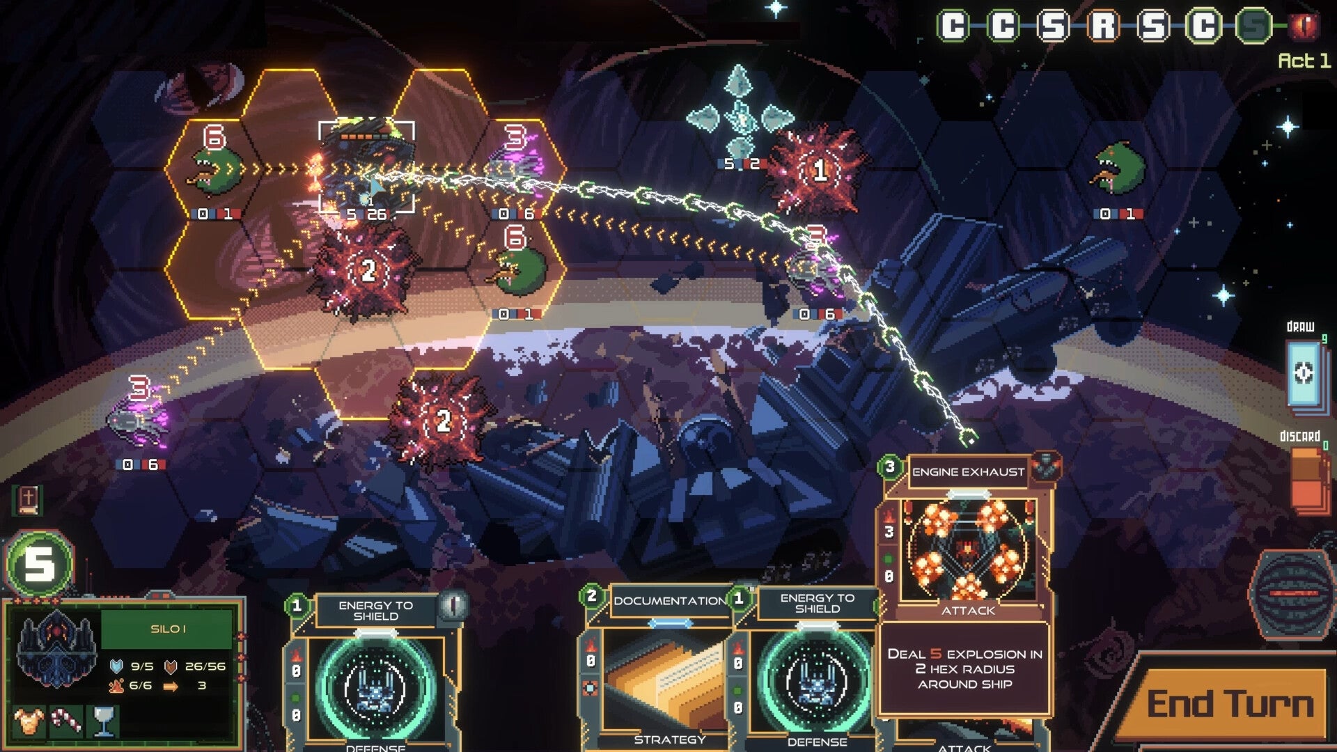 In Starless Abyss, you play hex-based battleships with a fleet of eldritch space monsters