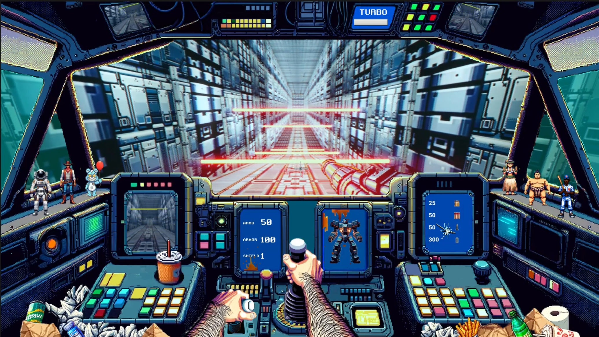 A view of a mech cockpit filled with junk food trash. Ahead of the mech there is a metal corridor full of lasers. All this is from the video game Mekkablood. - 1