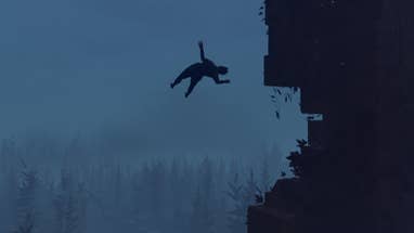 A silhouetted view of a man falling off a cliff in Baby Steps.