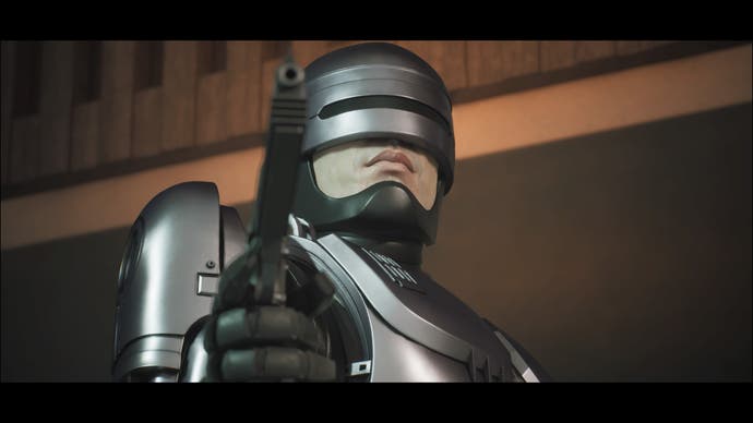 A screenshot of RoboCop: Rogue City, showing RoboCop facing forward holding his Auto-9 pistol.