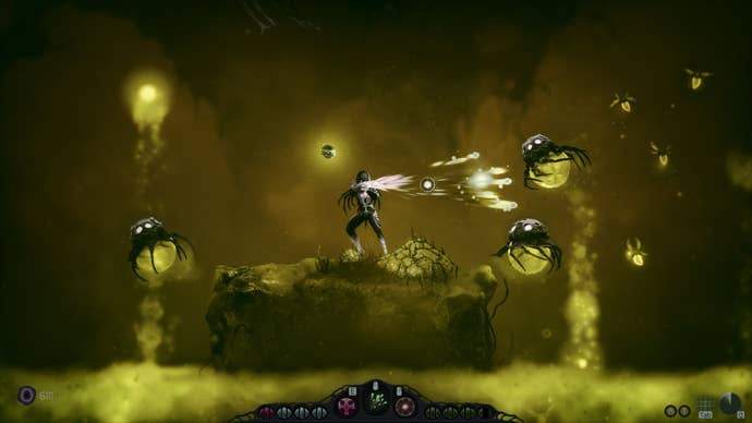 An alien warrior shooting at gross green insects in an underground area in Moadra, a 2D metroidvania.