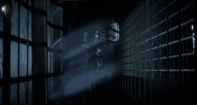 A gloomy image of an eerie woman in Japanese Edo era clothing at the end of a mansion hallway