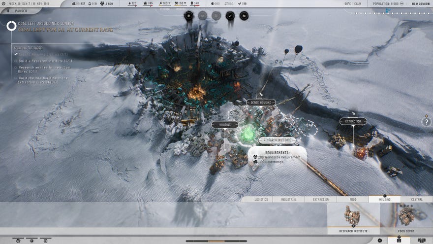 A closer-up view of a city in Frostpunk 2, with the game’s building interface visible