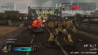 A mech firing bullets at an enemy with damage numerals popping out on a desolate road in the Front Mission 2 remake