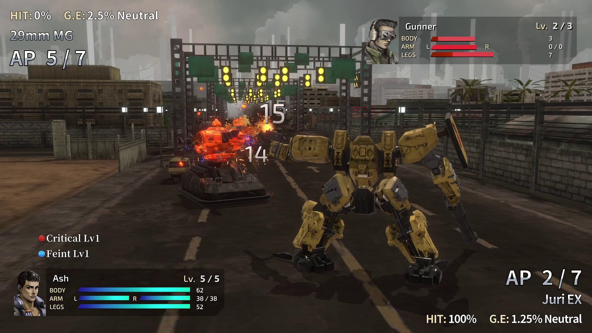 A mech firing bullets at an enemy with damage numerals popping out on a desolate road in the Front Mission 2 remake - 1