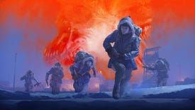 A group of soldiers wandering across the snow against a monstrous blood-red sky in some key art for The Thing: Remastered