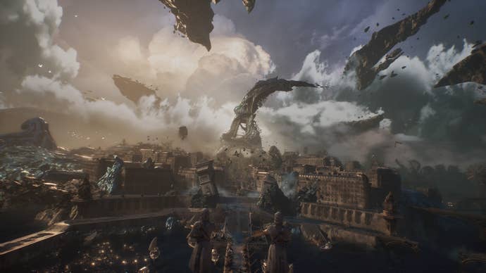 An aerial view of 19th century Paris with the Eiffel Tower all tipped over and melty