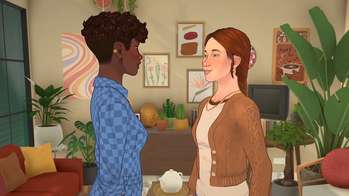 A Black and a white woman flirting in a comfy living room in Paralives. - 1