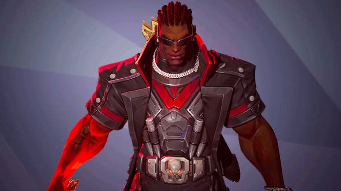A face-forward representation of Blade, the vampire leader from Marvel Rivals, wearing sunglasses and glowing reddish armour