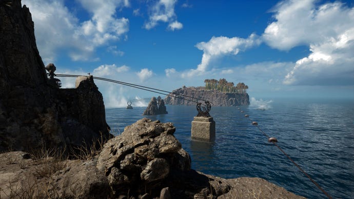 A view from an island showing a monorail to another island in the Riven remake