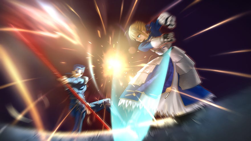Saber and Lancer fighting with sword and spear in Fate Stay/Night