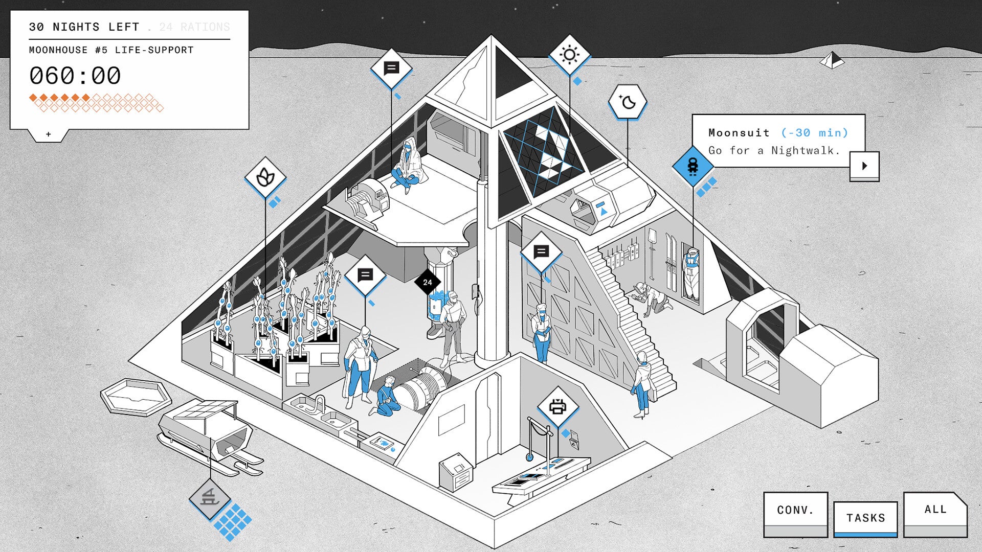 A white and black cutaway diagram of a pyramid-shaped space base with people inside and text captions, from the management game Kuu. - 1