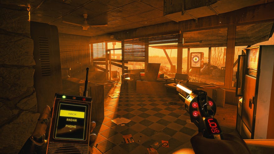 A scene from ExeKiller, with the player aiming a glowing high tech revolver and a datapad while looking around a busted-up diner