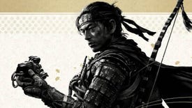 The samurai title character of Ghost Of Tsushima standing against a patterned background