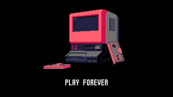 A shot of the LX console in UFO 50. It looks like a colourful Macintosh with a disk drive and two controllers.