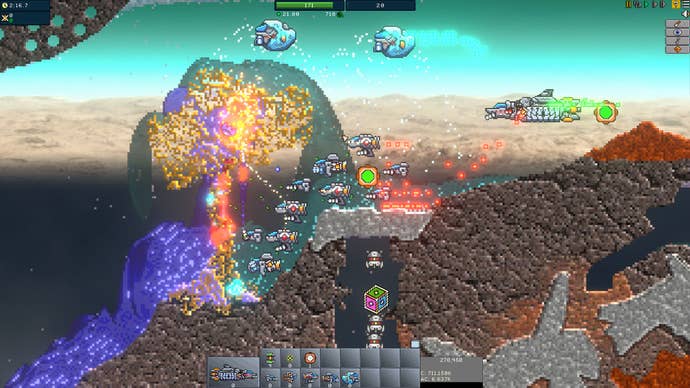 A screenshot from Creeper World IXE, in which a bunch of 2D spaceships lasering hills and rock deposits to repel and rerout tides of purple liquid