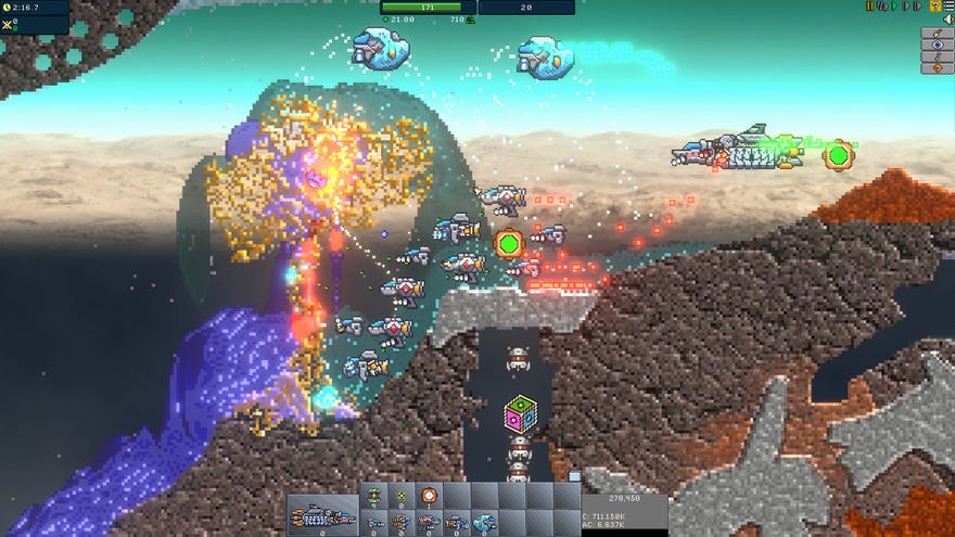 A screenshot from Creeper World IXE, in which a bunch of 2D spaceships lasering hills and rock deposits to repel and rerout tides of purple liquid