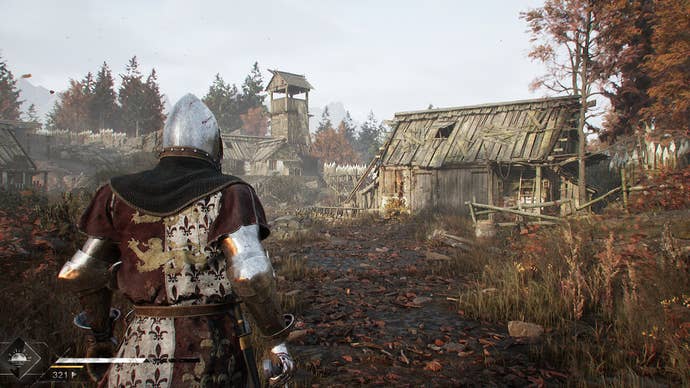 A man in medieval pageantry and full plate armour advancing on ruined swampland houses in Blight: Survival.