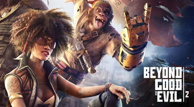 A Black woman in shades and a cyborg monkey character with a robot arm from Beyond Good And Evil 2