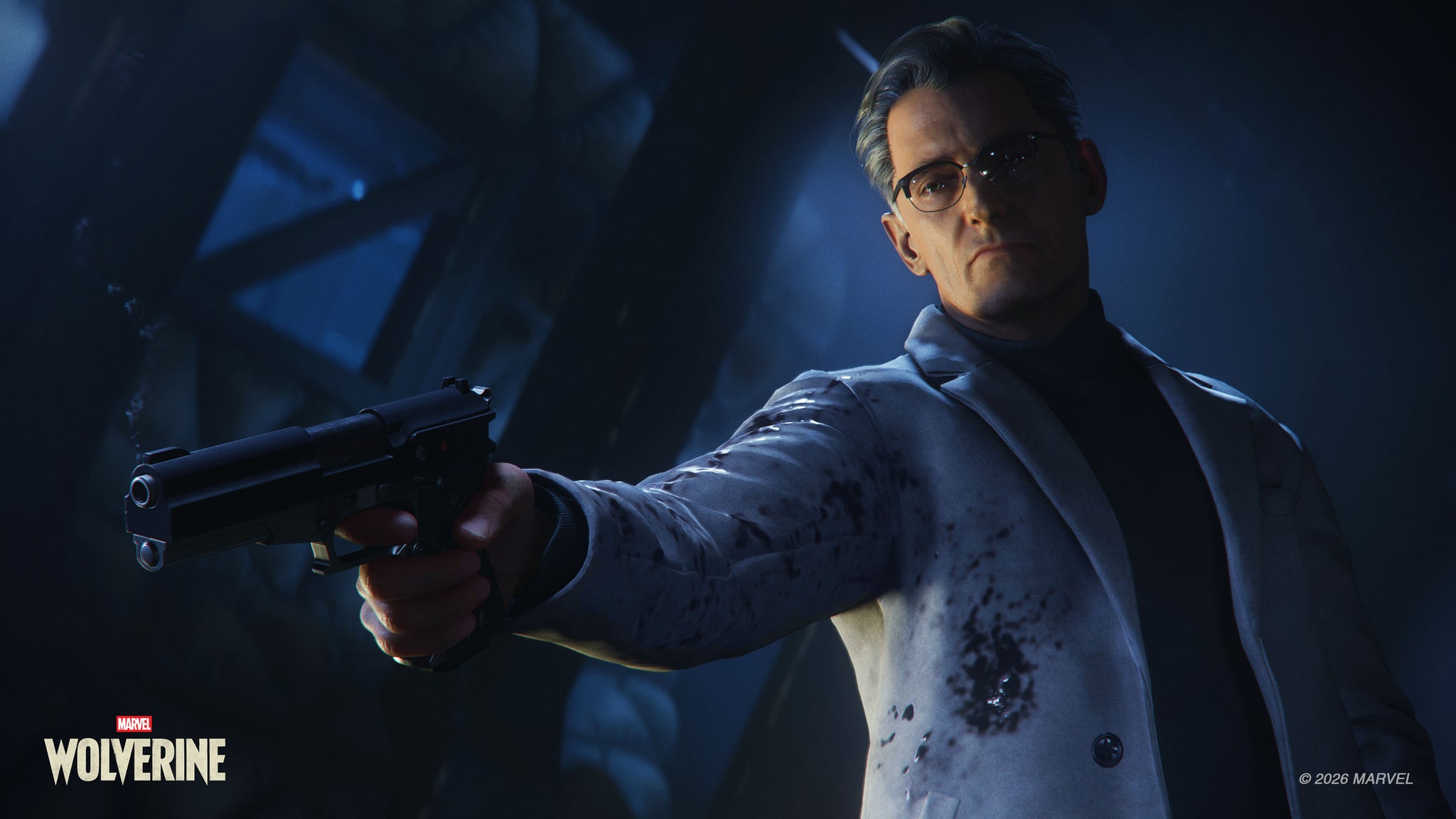 Antagonist Bolivar Trask stands in a bloodstained white lab coat, pointing a smoking gun towards the bottom-left corner of the image.