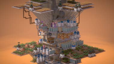 A sunset presumption of a teeming operation metropolis with hanging gardens and pipes and close-knit colourful rooftops and diagonal lattice supports.