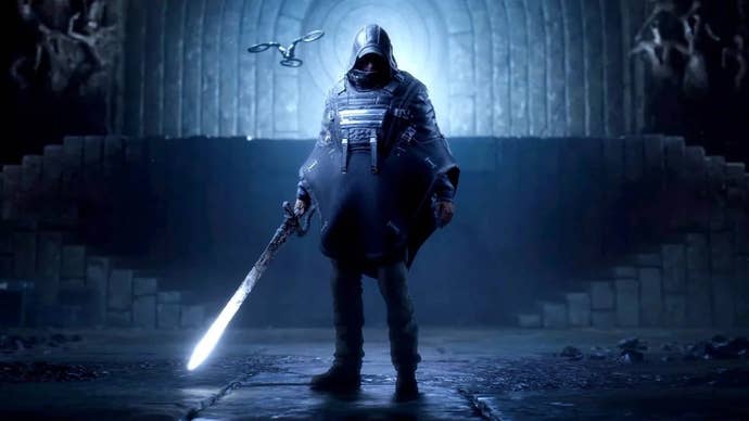 A hooded guy with a glowing sword and a flying drone pal, looking at the camera in a screenshot for Hell Is Us