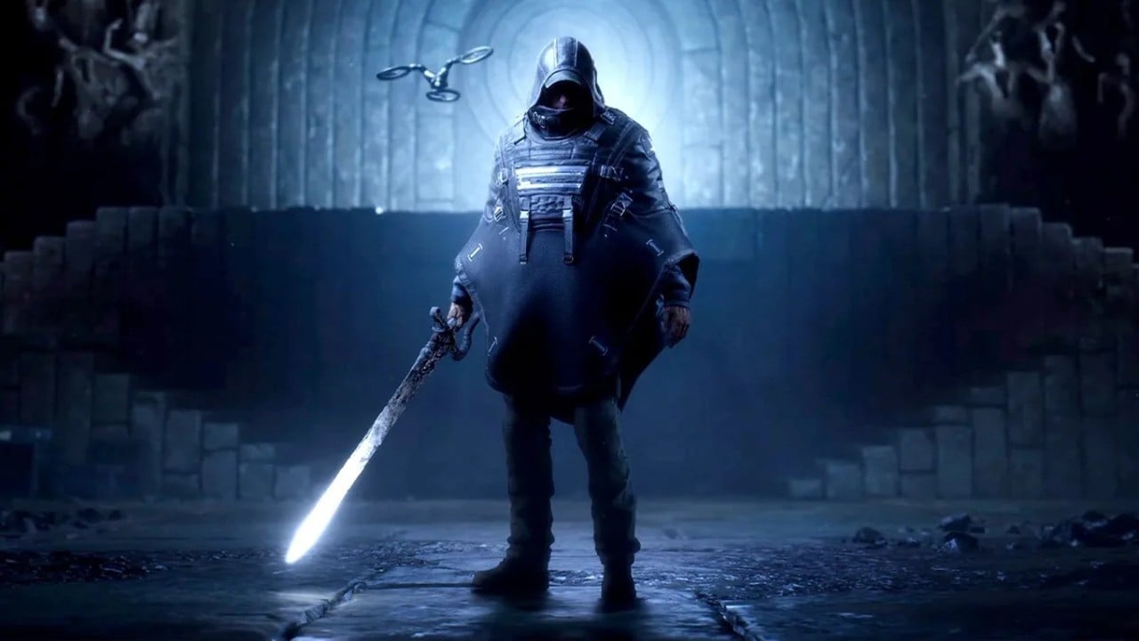 A hooded guy with a glowing sword and a flying drone pal, looking at the camera in a screenshot for Hell Is Us - 1