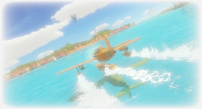 A single-prop plane landing on ocean water in The Brew Barons