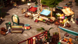 A colourful town centre scene from Terra Memorial with stalls and vases and people milling about