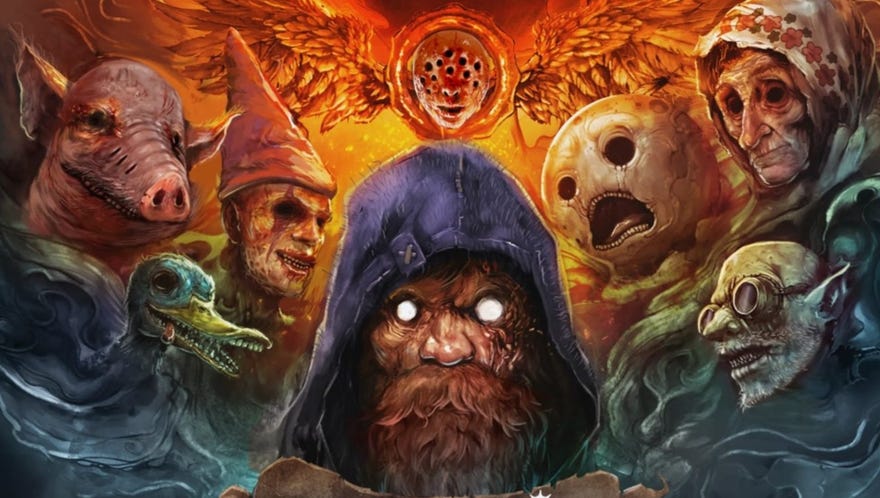 The bearded, hooded, white-eyed leader  of Moroi, surrounded by horrible wizards, goblins, and creatures with the heads of animals