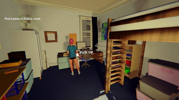 A man in his pants seaching a cluttered bedroom for a lease in the horror comedy game Janey DeMornay Is A Slumlord (And A Witch)