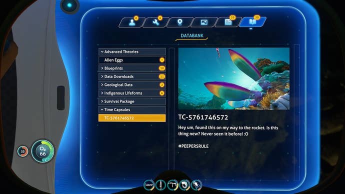 A menu in Subnautica showing a time capsule folder with an image of undersea creatures in Subnautica 2