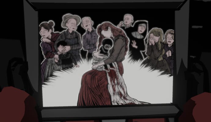 A screen from Wetory, showing a group of adults mourning what appears to be a child huddled in the middle of them.