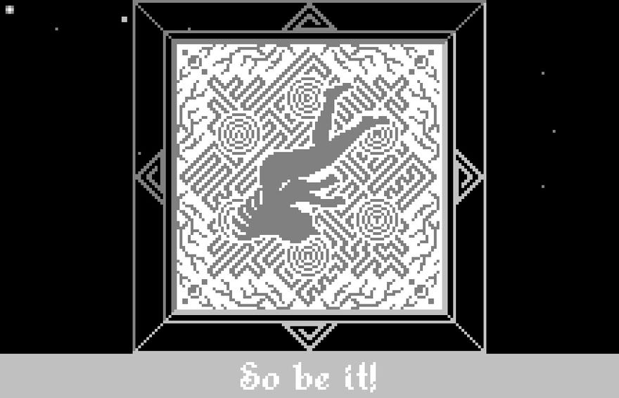 A screenshot of sokoban-style puzzle game Void Stranger, showing the silhouette of a woman lying against a labyrinthine pattern, with the words "So be it!" at the bottom.