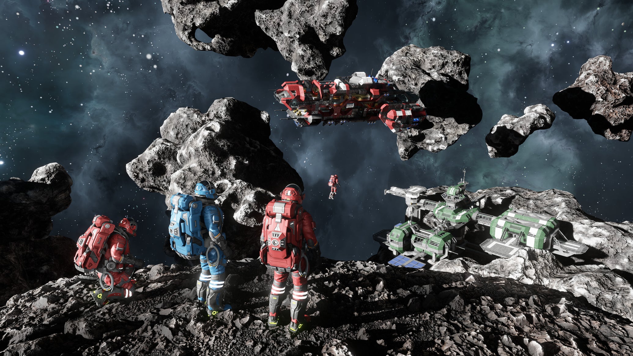 A bunch of astronauts in red and blue spacesuits standing on an asteroid looking at passing starships in Space Engineers 2 - 1