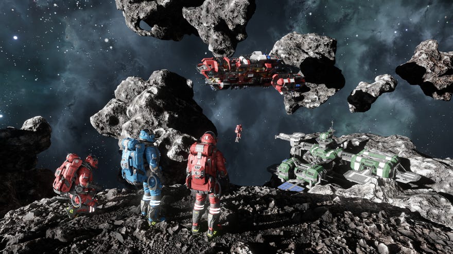 A bunch of astronauts in red and blue spacesuits standing on an asteroid looking at passing starships in Space Engineers 2