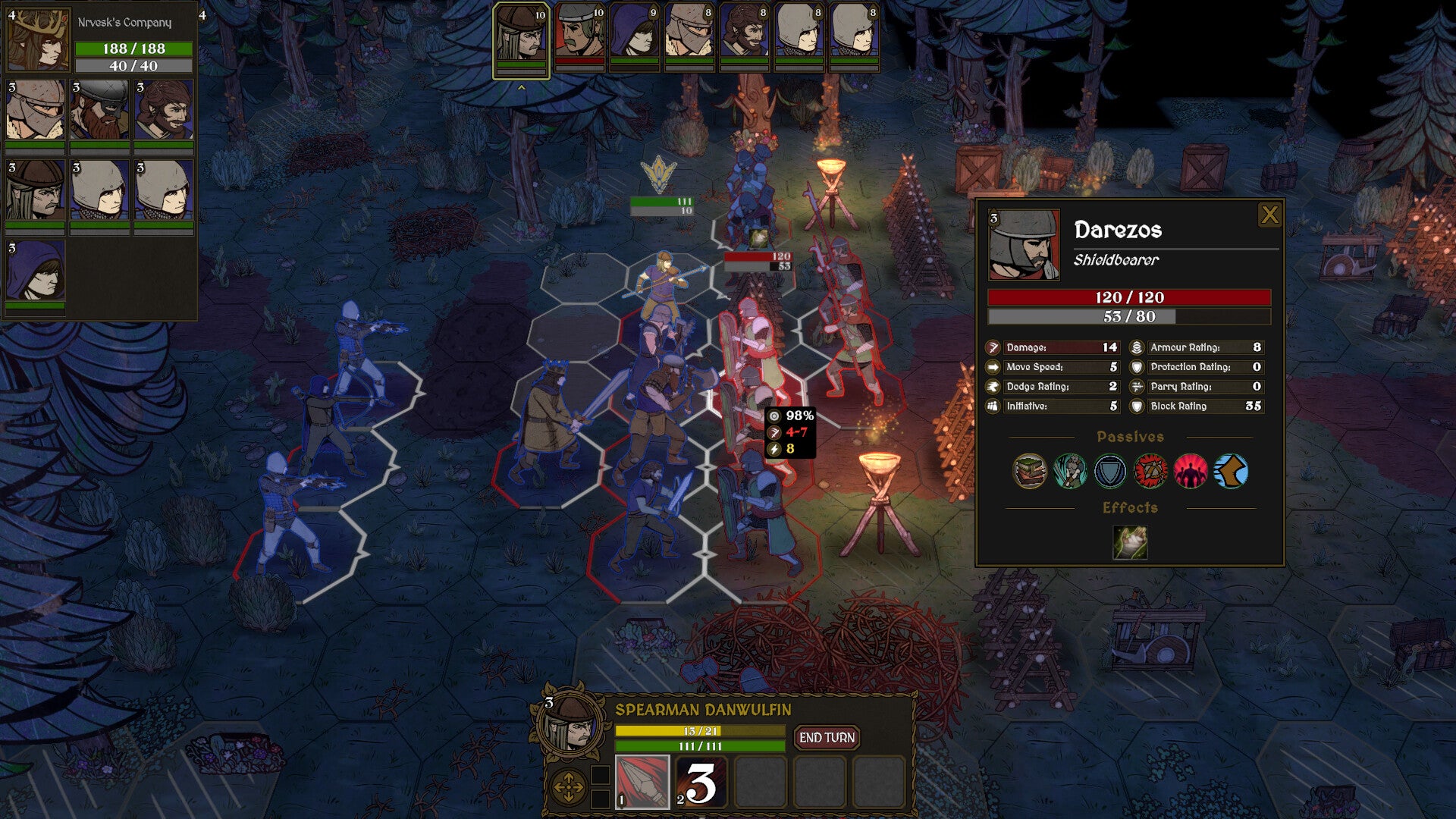 A nocturnal hex-based battle in Lost In The Open, with sword and shield-weaving warriors clashing near torches in the woods. - 1