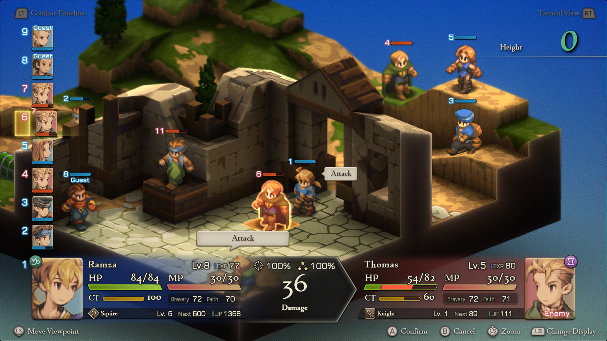 A battle from Final Fantasy Tactics: The Ivalice Chronicles, showing medieval warrior sprites perched around a grid-based 3D landscape of stone and soil. - 1