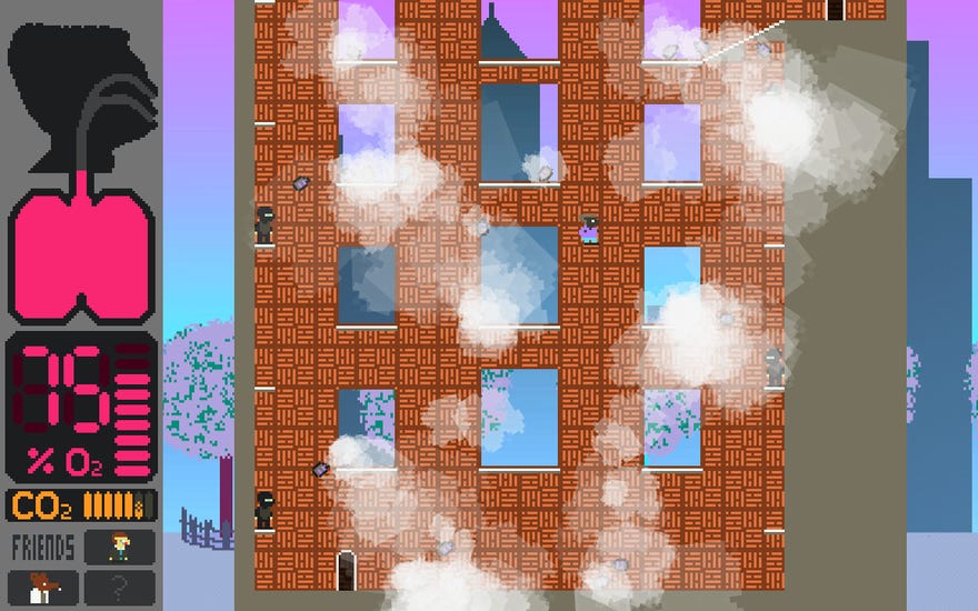 A 2D view of a brickwork building with gas grenades flying everywhere and a lone Black character trying to jump past riot cops
