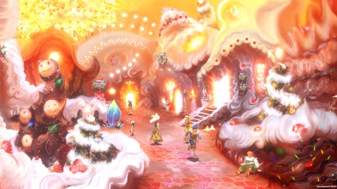 A scene from Baten Kaitos, showing the main characters running around a vibrant village of glowing coral shapes and piles of white and red material