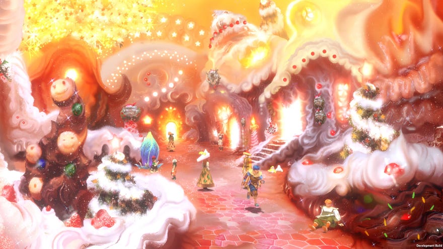 A scene from Baten Kaitos, showing the main characters running around a vibrant village of glowing coral shapes and piles of white and red material