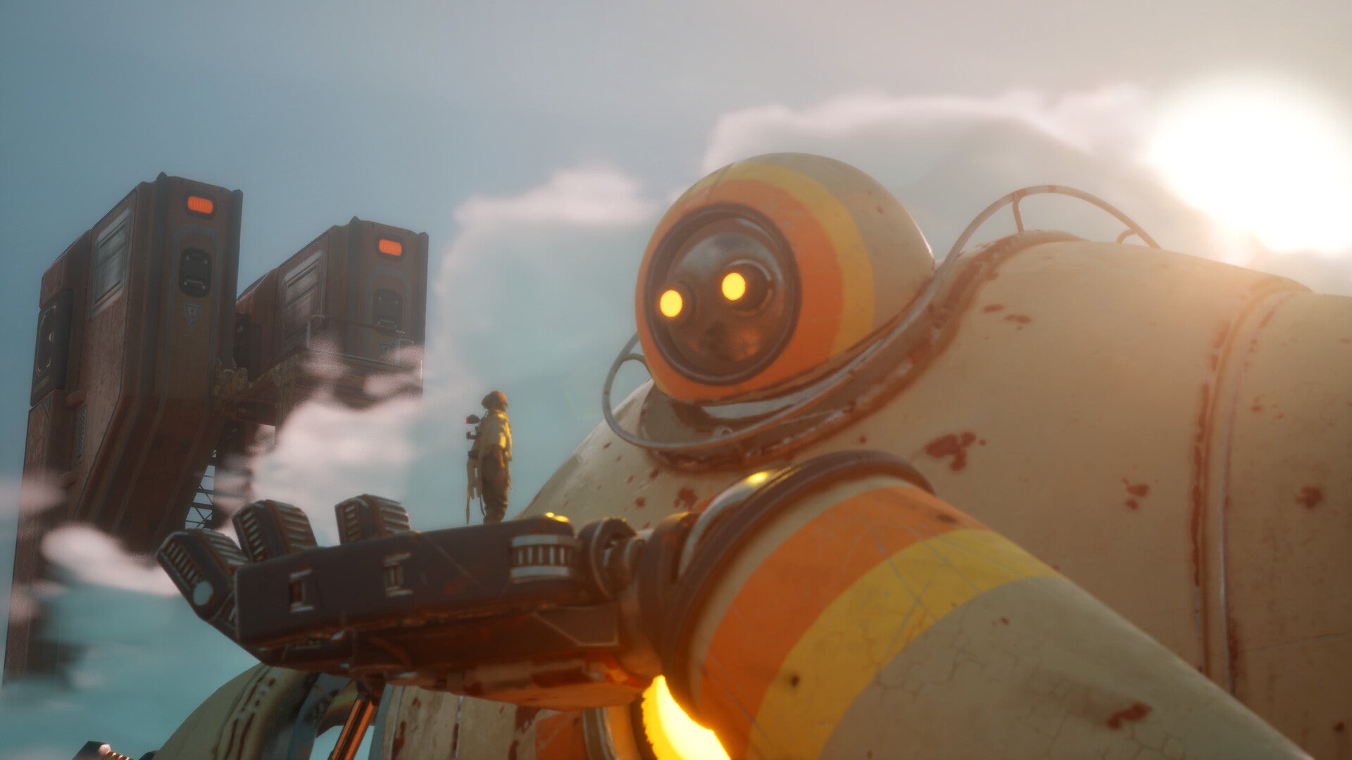 A Hello Sunshine screenshot showing a human wanderer perched on the hand of a building-sized robot. - 1