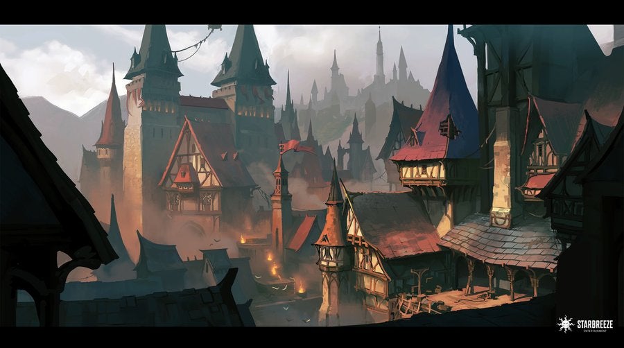 A town environment artwork for the cancelled Project Baxter D&D game from Starbreeze, showing steeples and towers and pennants. - 1