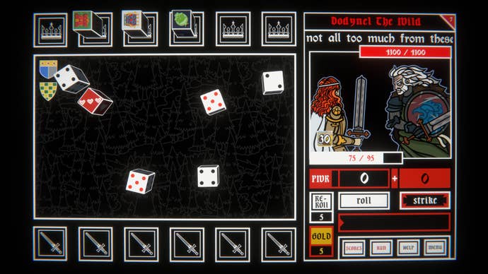 Dice connected a achromatic playing committee with an illustration of a conflict connected the right, from the roguelite Dicealot