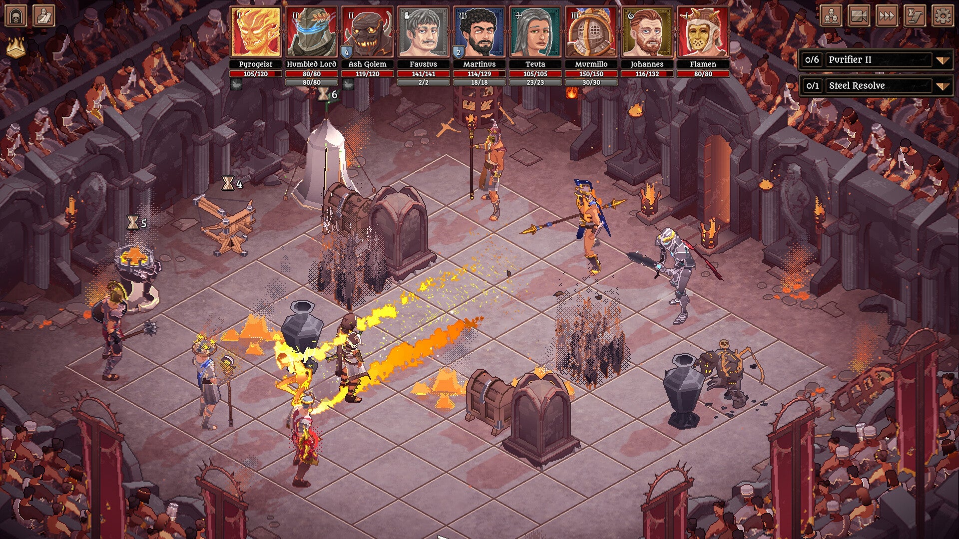 An diagonal elevated view of a gladiator arena, with warriors armed with swords, shields and spears throwing magic at each other. There are terrain elements such as treasure chests and pillars and crossbow traps, and you can see the audience above the perimeter walls. From the video game Bloodgrounds. - 1