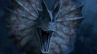 A close-up of a fan-crested dinosaur with gaping jaws in Jurassic Park: Survival